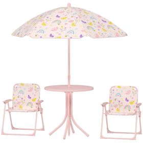 Qaba Kids Picnic Table and Chair Set, Outdoor Activity Table with Foldable Chairs, Removable Umbrella for Backyard, Pink