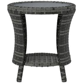 Outsunny 18" Wicker Outdoor Coffee Table, PE Rattan Patio Side Table with 2-Tier Storage, Composite Wood Top, Gray