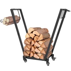 Outsunny Firewood Rack with Wheels, Metal Log Holder, Kindling and Tool Hooks, Black