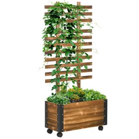 Outsunny Raised Garden Bed with Trellis, 58" Outdoor Wooden Planter Box with Wheels Brown
