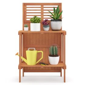Folding Garden Potting Bench with 2-tier Storage Shelves and Teak Oil Finish
