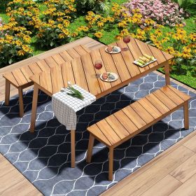 3 Pieces Acacia Wood Table Bench Dining Set With 2 Benches