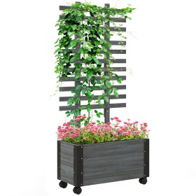 Outsunny Raised Garden Bed with Trellis, 58" Outdoor Wooden Planter Box with Wheels Gray