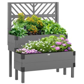 Outsunny Raised Garden Bed with Trellis, 2 Tier Wooden Gray