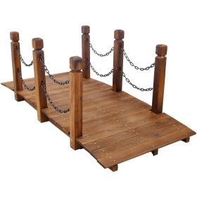 5 FT Wooden Garden Bridge, Stained Wood Arc Footbridge with Chain Railings Brown