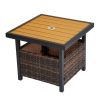 Outdoor Wicker Side Table with Umbrella Hole & Storage Space, Brown