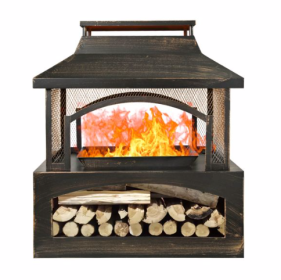 37 Inch Rectangular Metal Outdoor Wood Burning Fireplace - Outdoor Fireplace With Built-in Log Storage & Brush Stick For Log Burner Fire Pit In P (Color: BLACK)