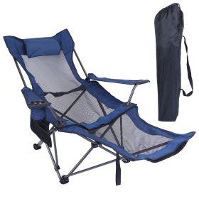 Foldable Camping Chair 330LBS Load Heavy Duty Steel Lawn Chair Collapsible Chair with Reclining Backrest Angle Cup Holder Pillow Side Pocket Carry Bag (Option: Blue)