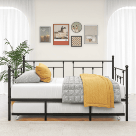 Twin Size Daybed Metal Frame With Trundle Set, Twin Day Bed Sofa, Daybed And Roll Sofa Bed For Guest Room, Bedroom, Living Room, Victorian Style, (Color: BLACK)