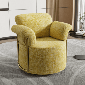 360 Degree Barrel Swivel Accent Sofa Chair,Fluffy Fabric Lounge Wide Upholstered Reading Chair With Gold Metal Legs, Comfortable Round Armchair F (Color: YELLOW)