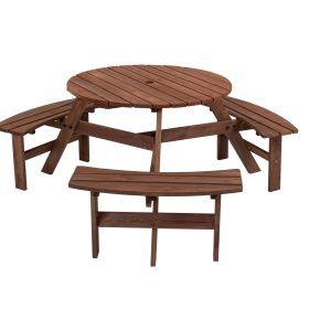 Circular Outdoor Wooden Picnic Table with Built-in Benches (Seating Capacity: 6-person, Color: Brown)