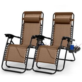 2Packs Zero Gravity Lounge Chair with Dual Side Tray (Color: Brown)