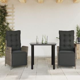 3 Piece Patio Dining Set with Cushions Gray Poly Rattan (Color: Gray)
