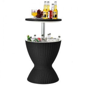 3 in 1 8 Gallon Patio Rattan Cooler Bar Table with Adjust Ice Bucket (Color: BLACK)